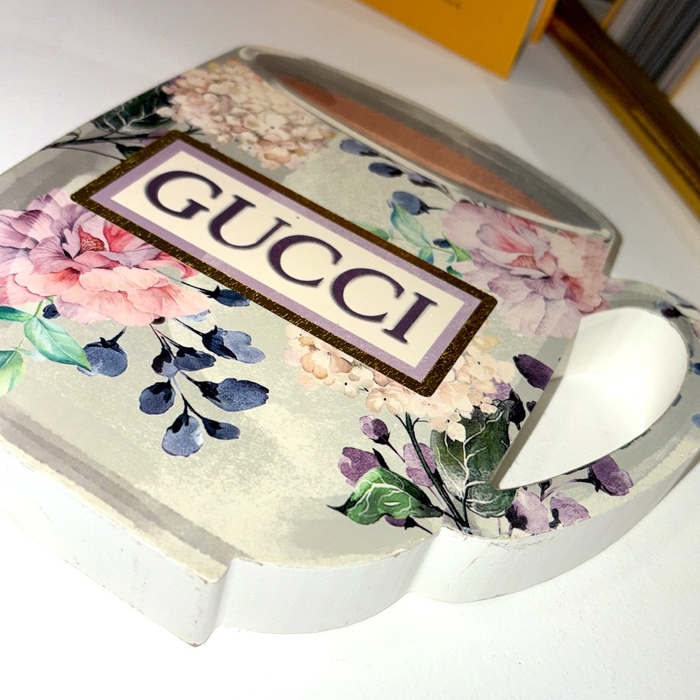 Home Decor- Novelty Gucci Floral Wooden Mug with Pink and Purple Accents - Picture 4 of 12